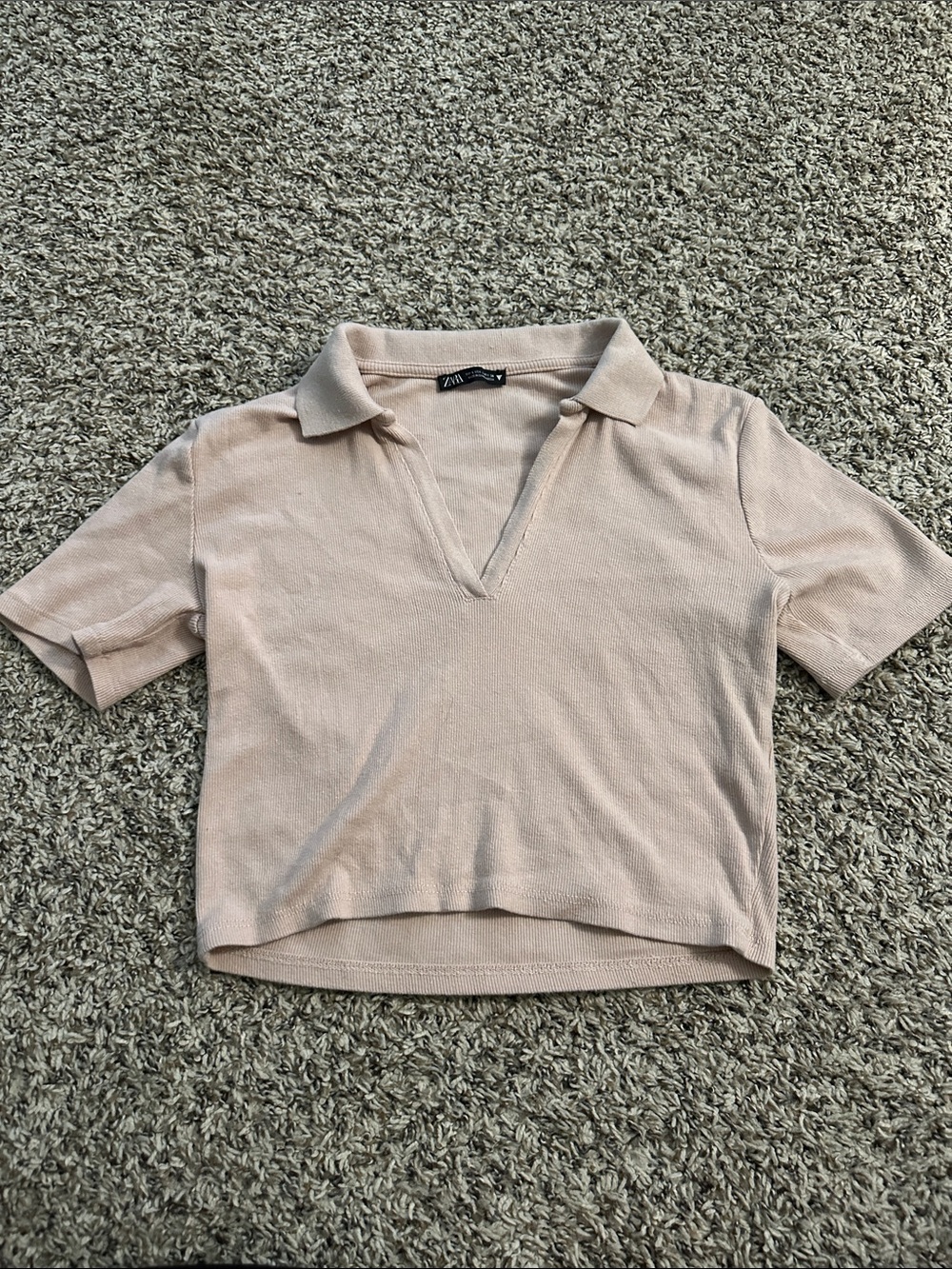 Zara Pale Blush Collared V-Neck Cropped Knit Top  (MRO)